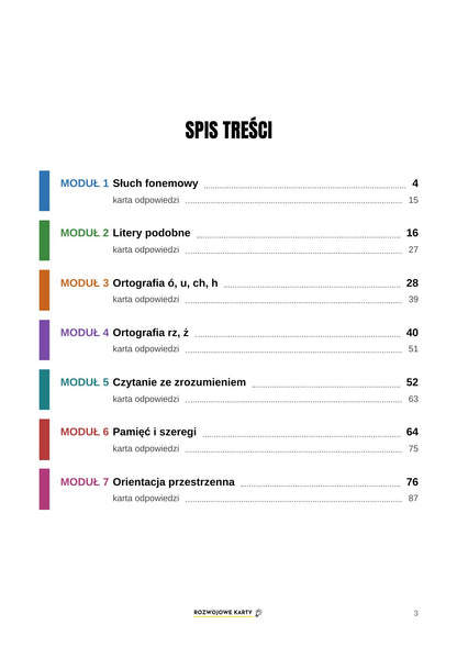 Spis treści zestawu Krok po kroku z dysleksją klasa 4 - 7 modułów z kartami odpowiedzi