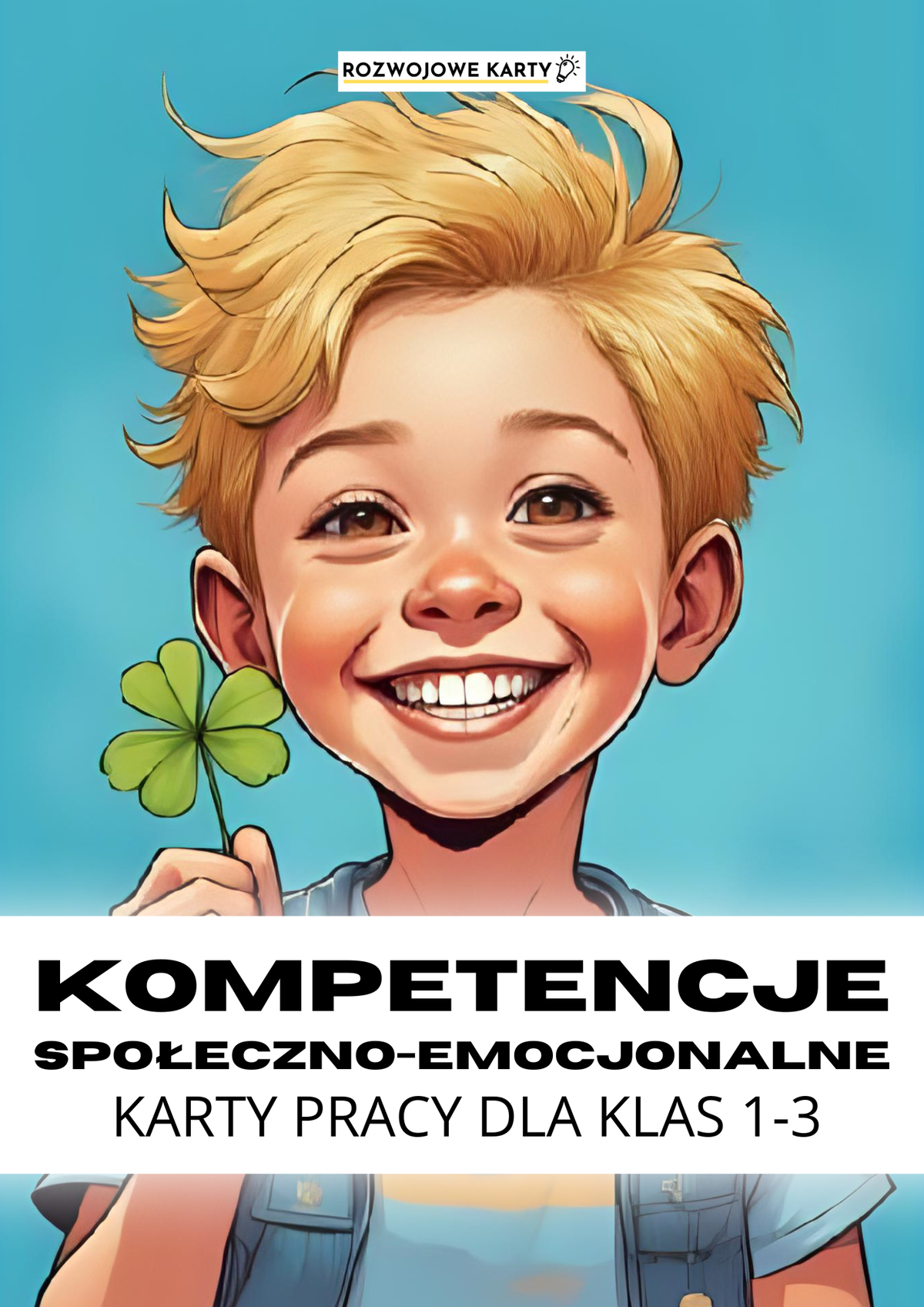 Okładka zestawu Kompetencje społeczno-emocjonalne - karty pracy dla klas 1-3, uśmiechnięty chłopiec z czterolistną koniczyną