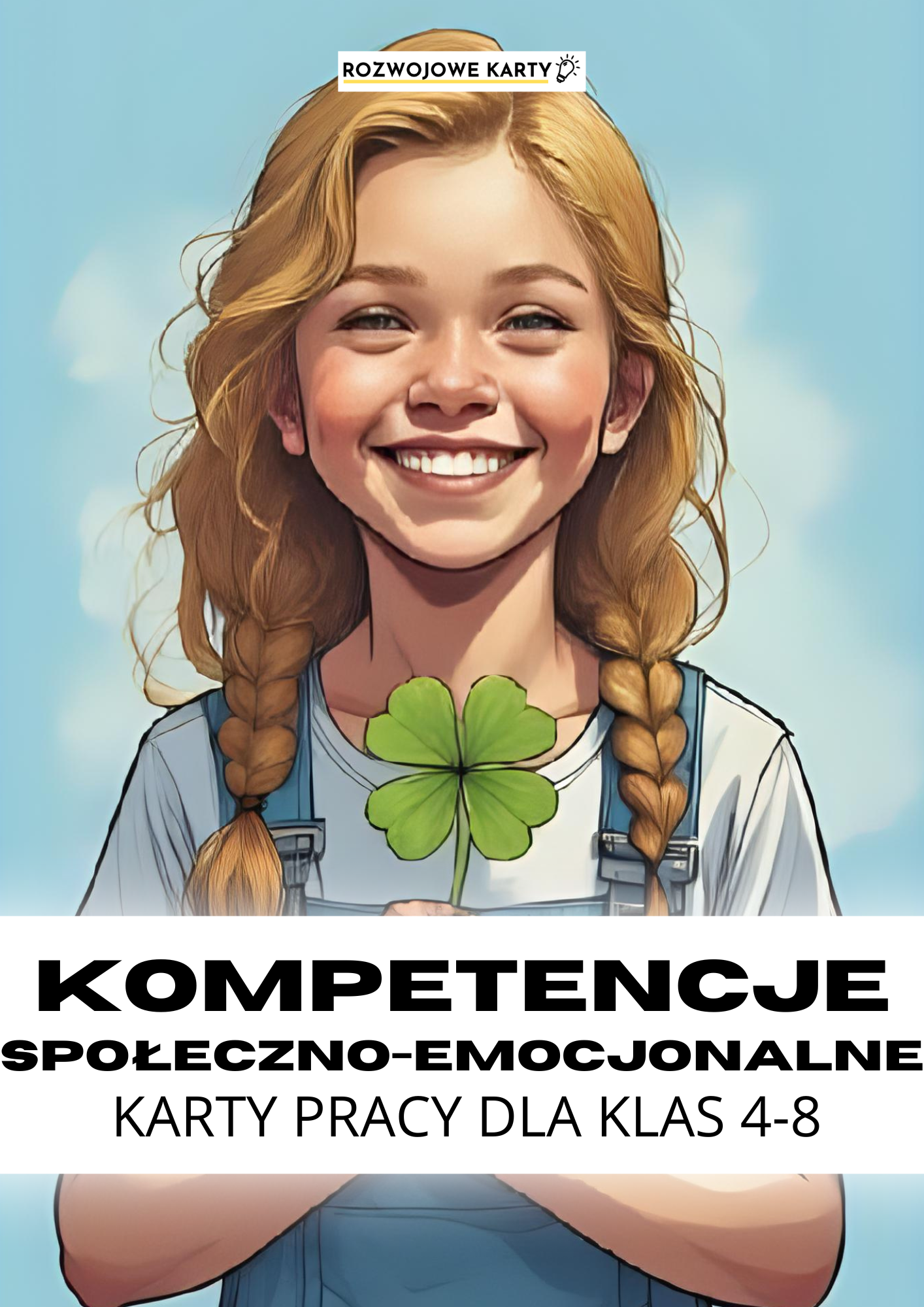 Okładka zestawu Kompetencje społeczno-emocjonalne - karty pracy dla klas 4-8, uśmiechnięta dziewczynka z czterolistną koniczyną