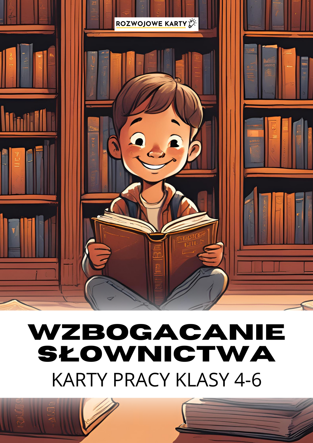 Okładka zestawu Wzbogacanie słownictwa - karty pracy klasy 4-6, chłopiec czytający w bibliotece