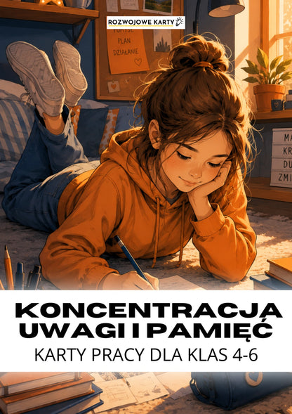 Okładka zestawu Koncentracja uwagi i pamięć - karty pracy dla klas 4-6, dziewczynka odrabiająca lekcje