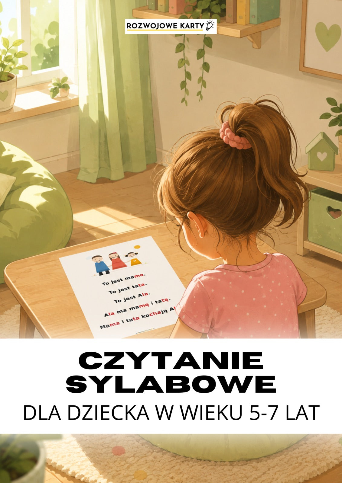 Okładka zestawu Czytanie sylabowe dla dzieci w wieku 5-7 lat, dziewczynka czytająca tekst o rodzinie