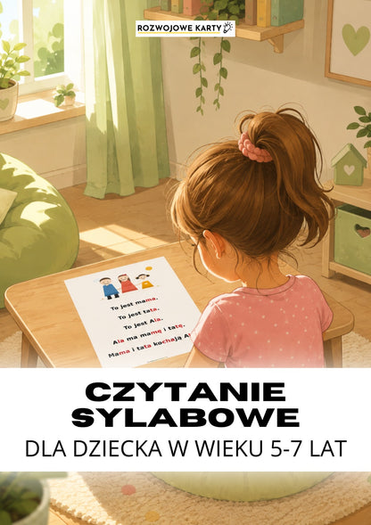 Okładka zestawu Czytanie sylabowe dla dzieci w wieku 5-7 lat, dziewczynka czytająca tekst o rodzinie