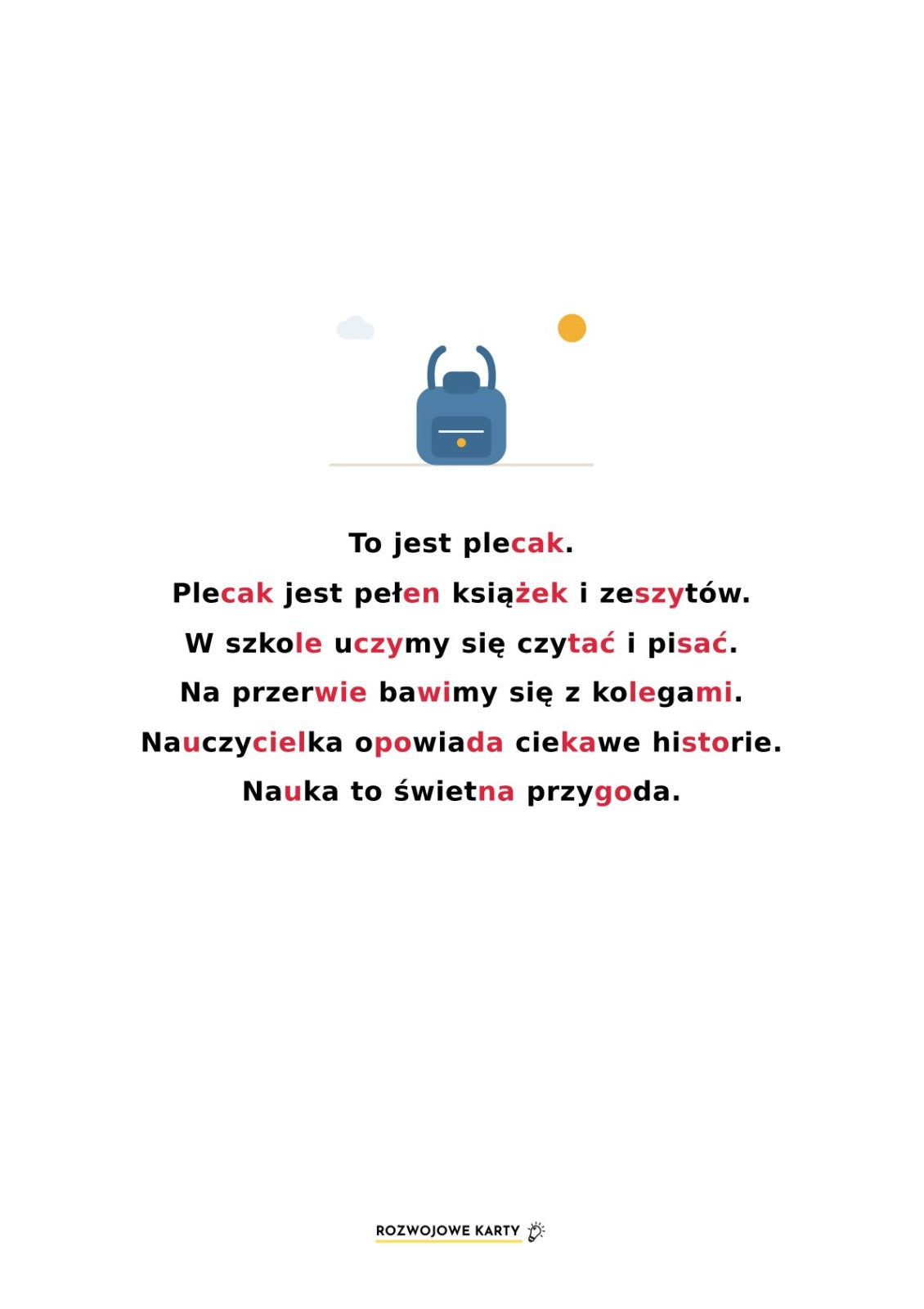 Przykładowy tekst do czytania sylabowego o plecaku i szkole z zestawu dla dzieci 5-7 lat