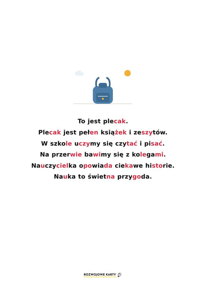 Przykładowy tekst do czytania sylabowego o plecaku i szkole z zestawu dla dzieci 5-7 lat