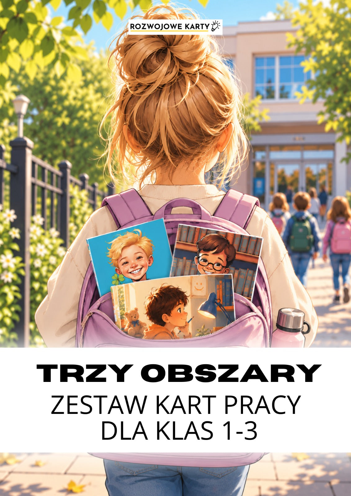Okładka zestawu Trzy Obszary - zestaw kart pracy dla klas 1-3, dziewczynka z plecakiem pełnym książek idąca do szkoły