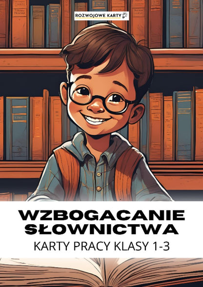 Okładka zestawu Wzbogacanie słownictwa - karty pracy klasy 1-3, chłopiec w bibliotece