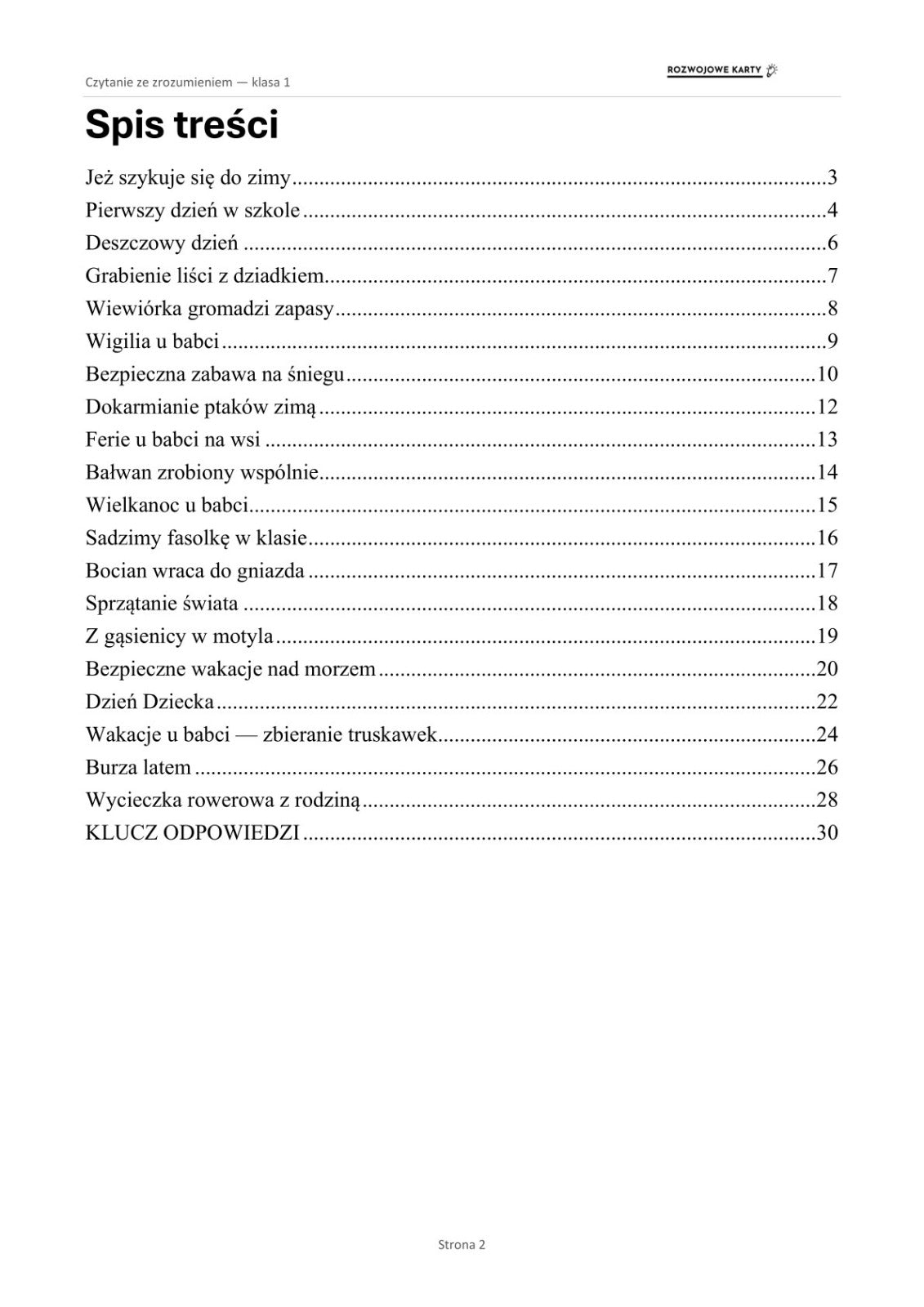 Spis treści zestawu Czytanie ze zrozumieniem dla klasy 1 - 20 tekstów podzielonych na pory roku