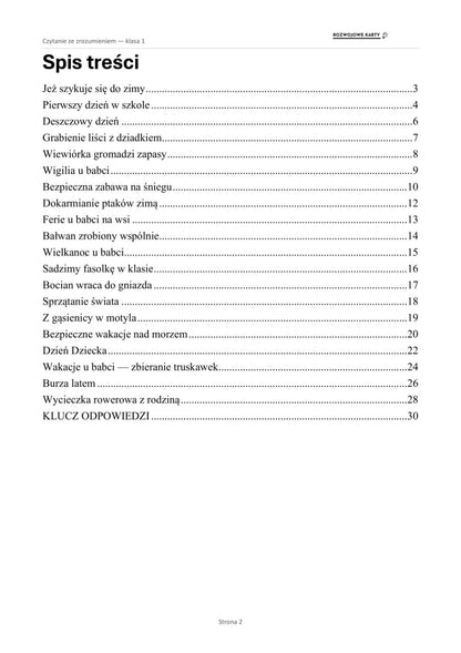 Spis treści zestawu Czytanie ze zrozumieniem dla klasy 1 - 20 tekstów podzielonych na pory roku