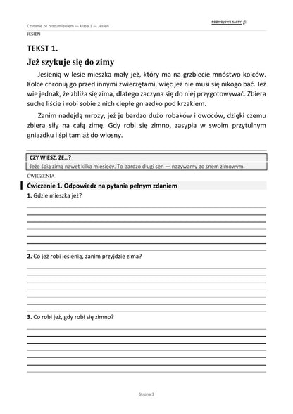 Przykładowy tekst "Jeż szykuje się do zimy" z zestawu Czytanie ze zrozumieniem dla klasy 1, z sekcją Czy wiesz, że i miejscem na odpowiedzi