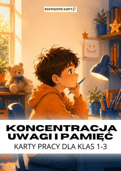Okładka zestawu Koncentracja uwagi i pamięć - karty pracy dla klas 1-3, chłopiec przy biurku