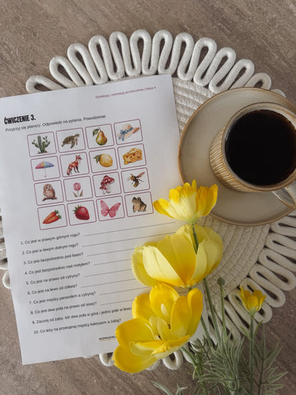 Ćwiczenie 3 z zestawu Krok po kroku z dysleksją klasa 4 - obrazki zwierząt i owoców do zapamiętania i pytania