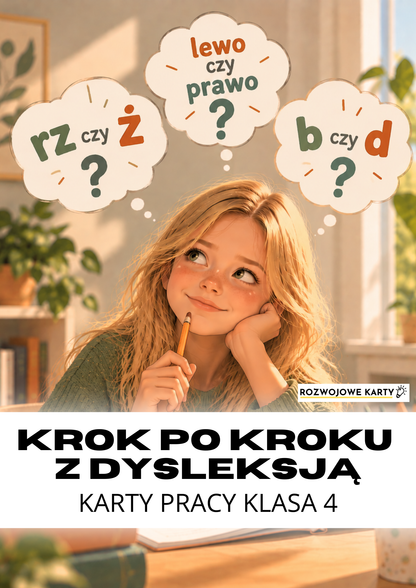 Okładka zestawu Krok po kroku z dysleksją - karty pracy klasa 4, dziewczynka zastanawiająca się nad pisownią rz i ż, prawą i lewą stroną oraz literami b i d